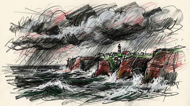Sturm über Helgoland — Buntstift-Skizze: dunkle Wolken über dem roten Felsen, Brandung an der Kante